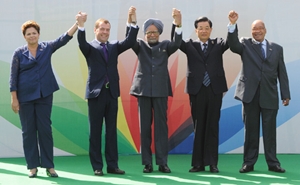Brazilian president Dilma Rousseff, Russian president Dmitry Medvedev, Indian prime minister Manmohan Singh, Chinese president Hu Jintao and South African president Jacob Zuma